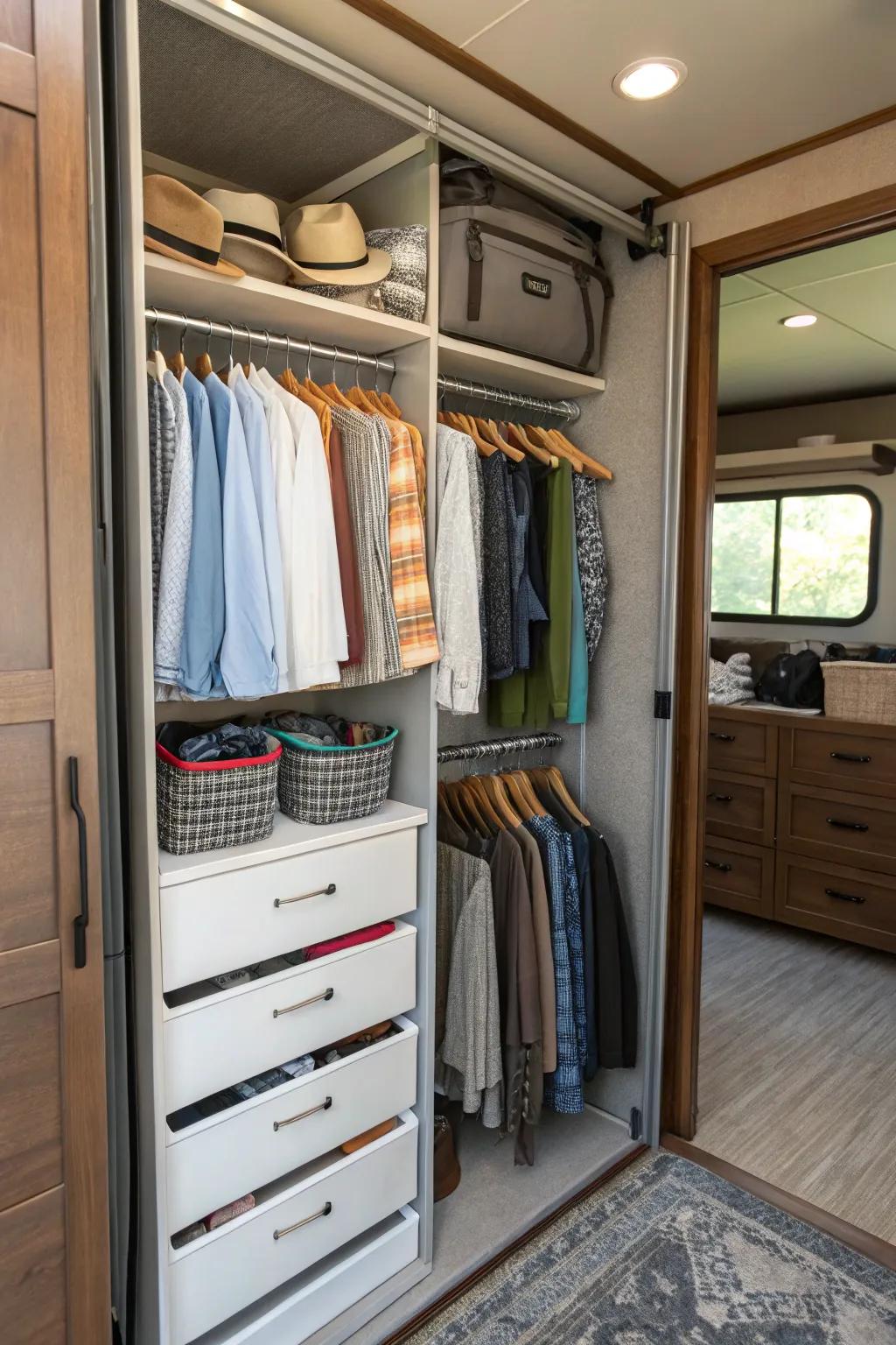 Hanging organizers offer lots of room for clothes and accessories in an RV closet.