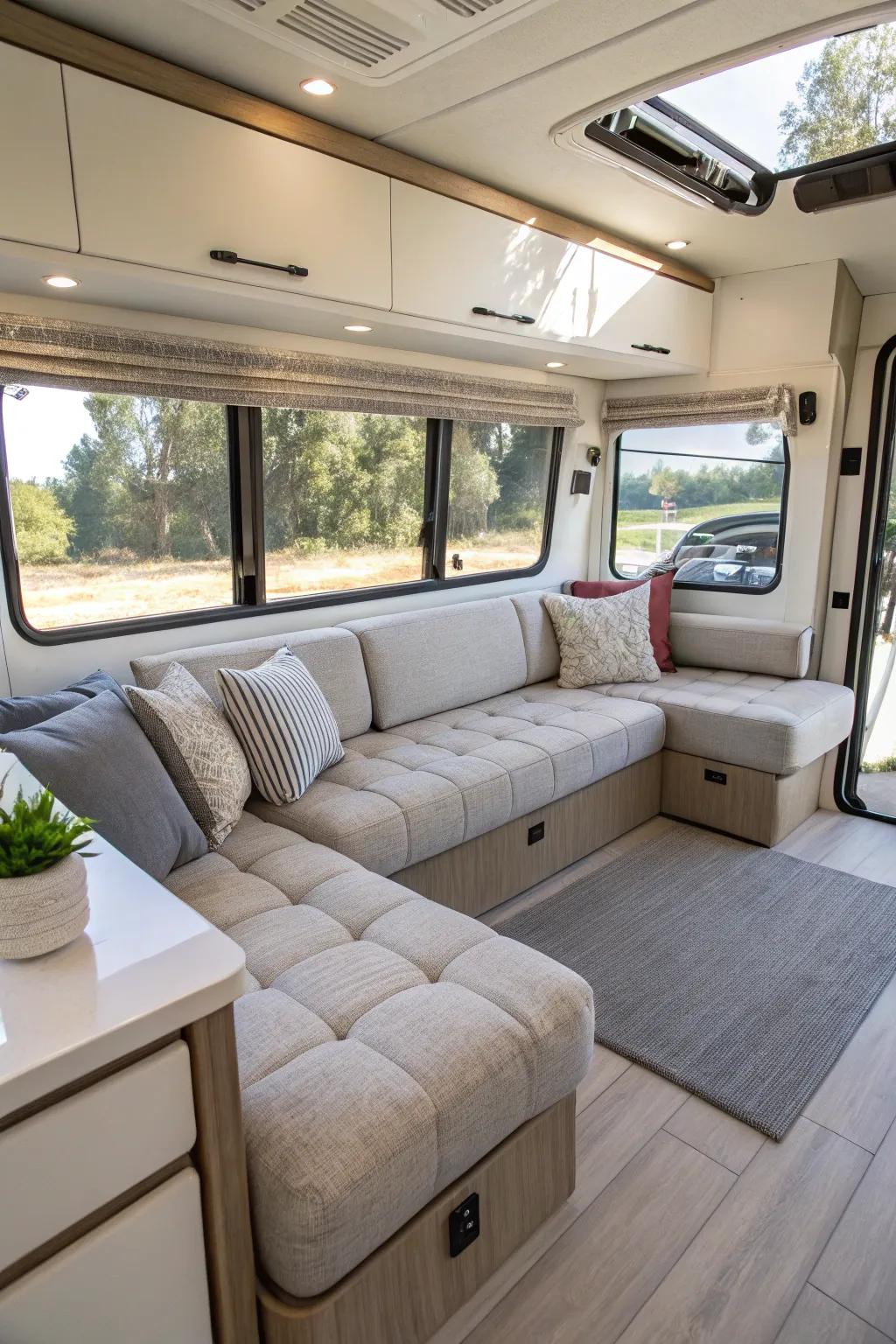 Transformable couches give adaptable seating options for RVs.