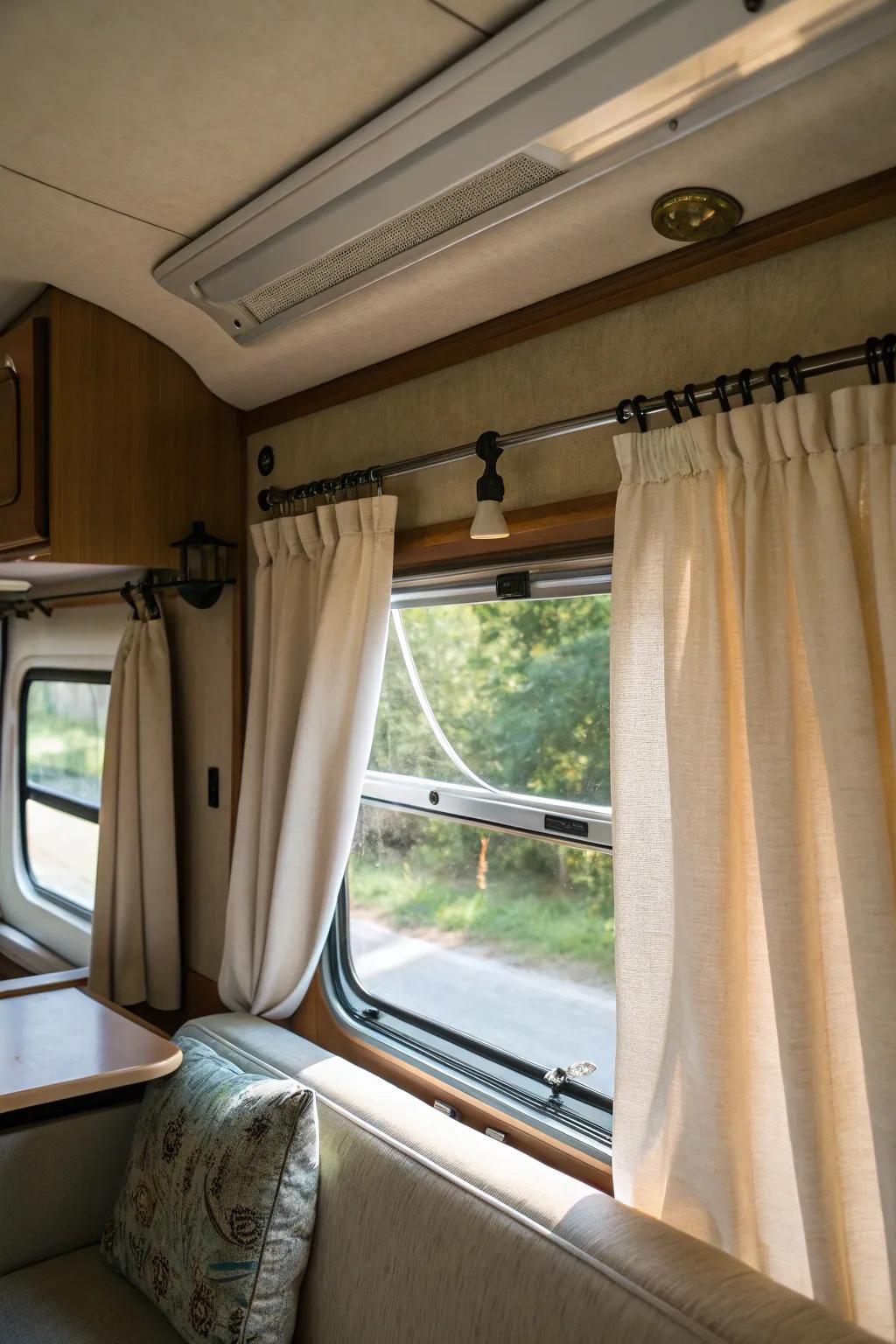 Effortlessly chic: tension rod curtains in an RV.