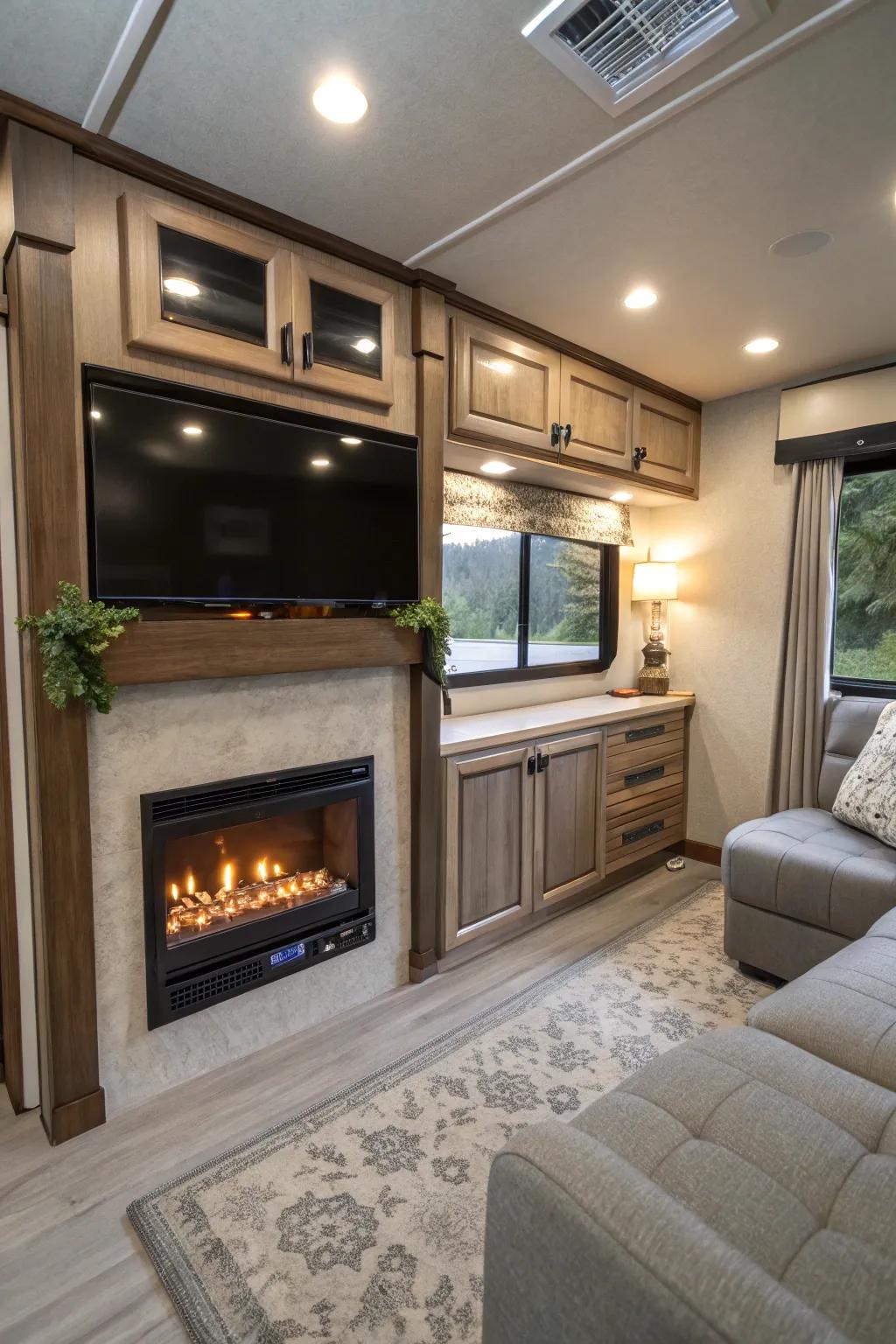Hearth seamlessly incorporated into an RV's entertainment center.