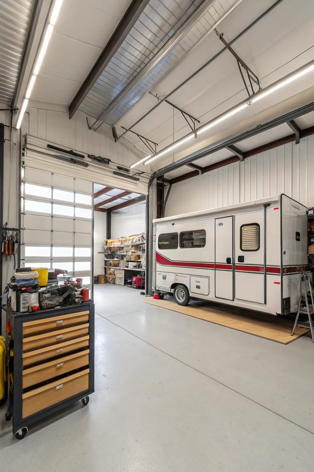 RV garages with high ceilings provide numerous options for innovative storage solutions.
