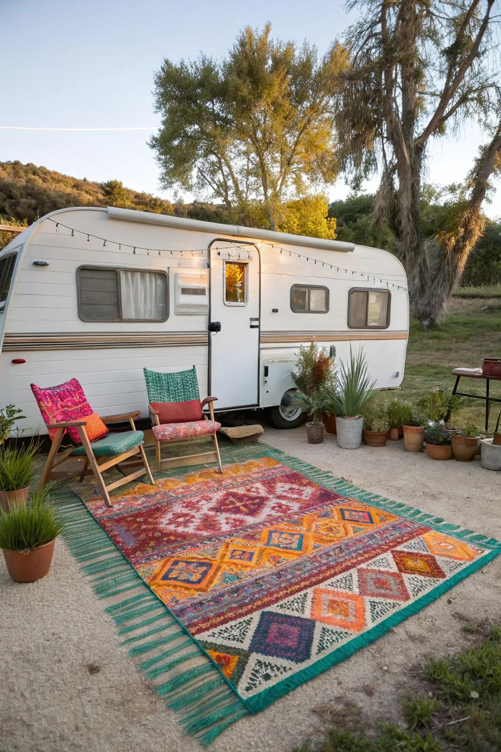An outdoor carpet brings warmth and flair to your RV space.