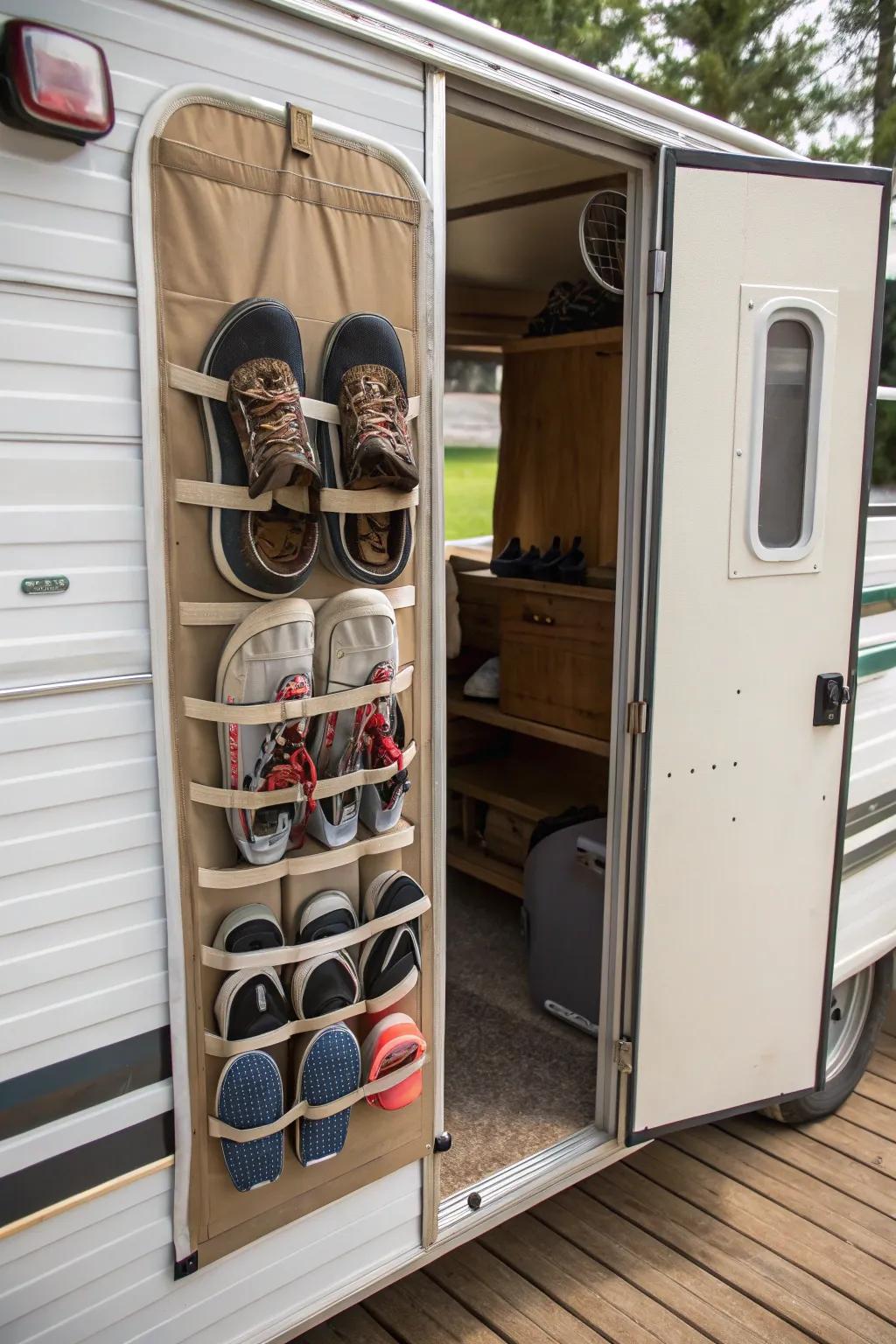 Transform your RV door into a stylish shoe display with a hanging organizer.