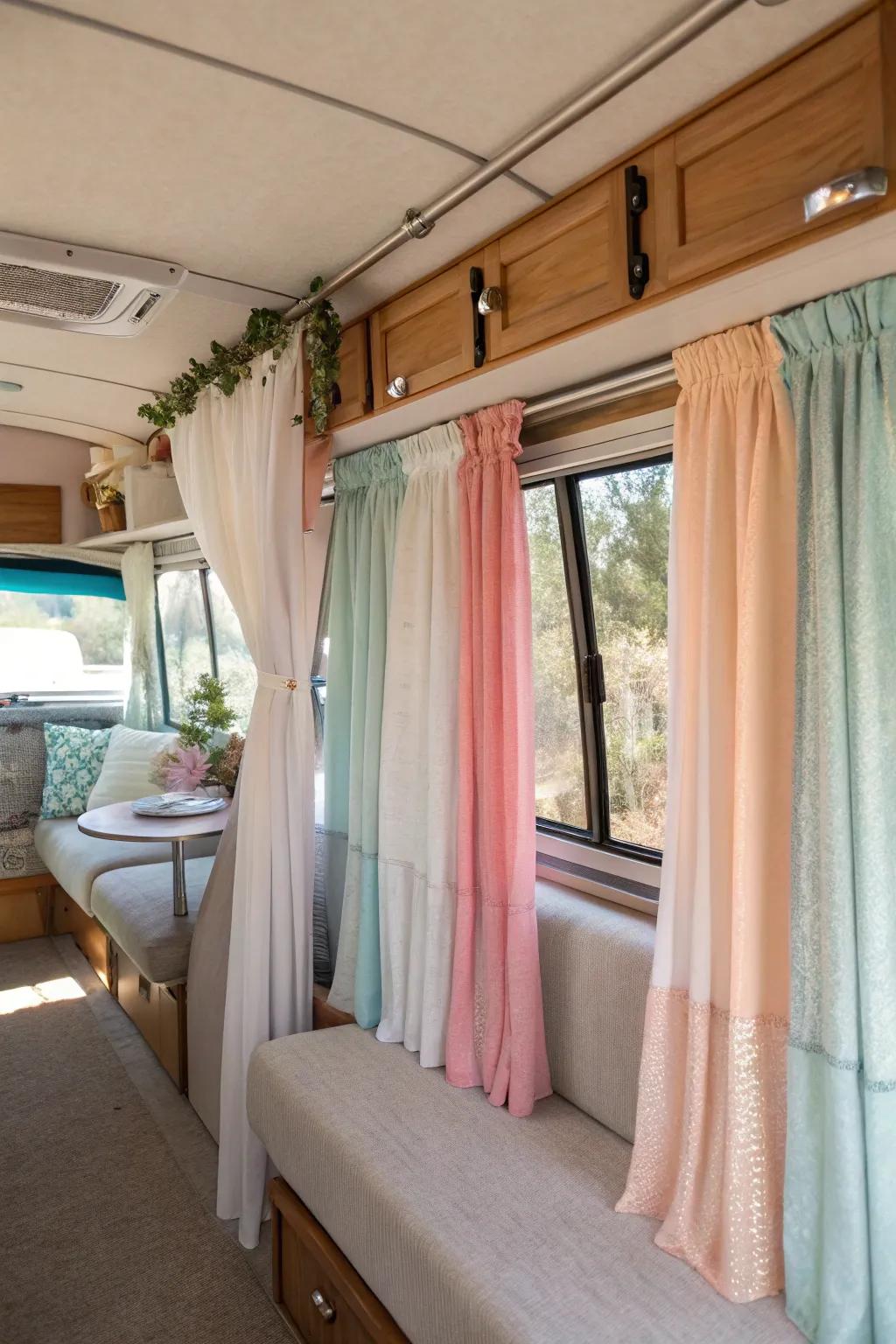 Window covering layers create depth and seclusion inside your RV.