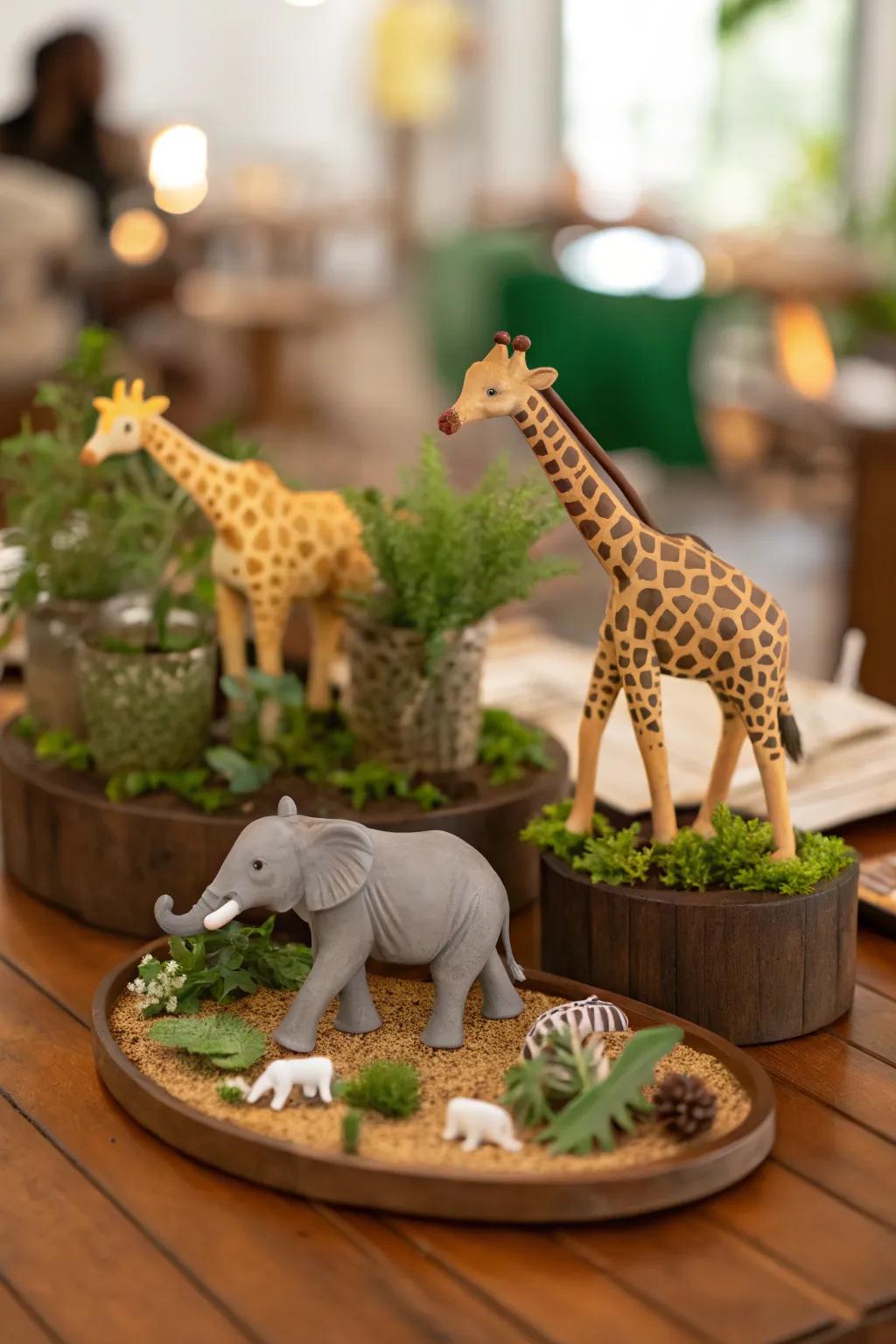 Enchanting animal models enliven the safari theme.