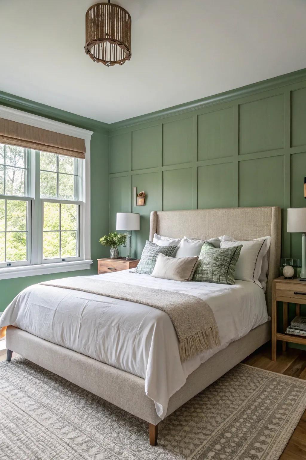 A sage green accent wall becomes the peaceful centerpiece of a serene bedroom.