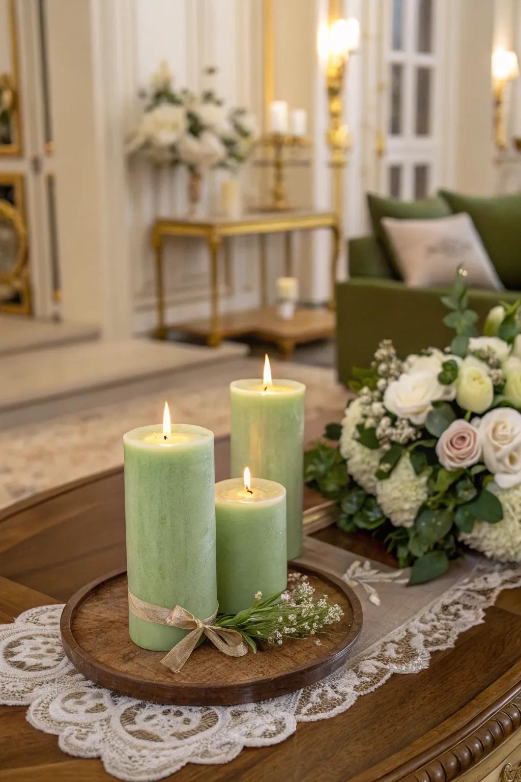 Sage green candles enhance any space with a serene atmosphere.