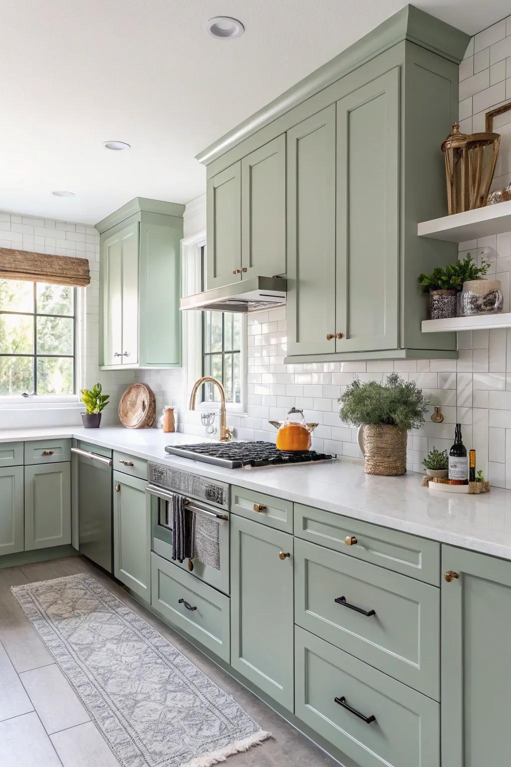 Verdant cabinets paired with bright ivory tops.