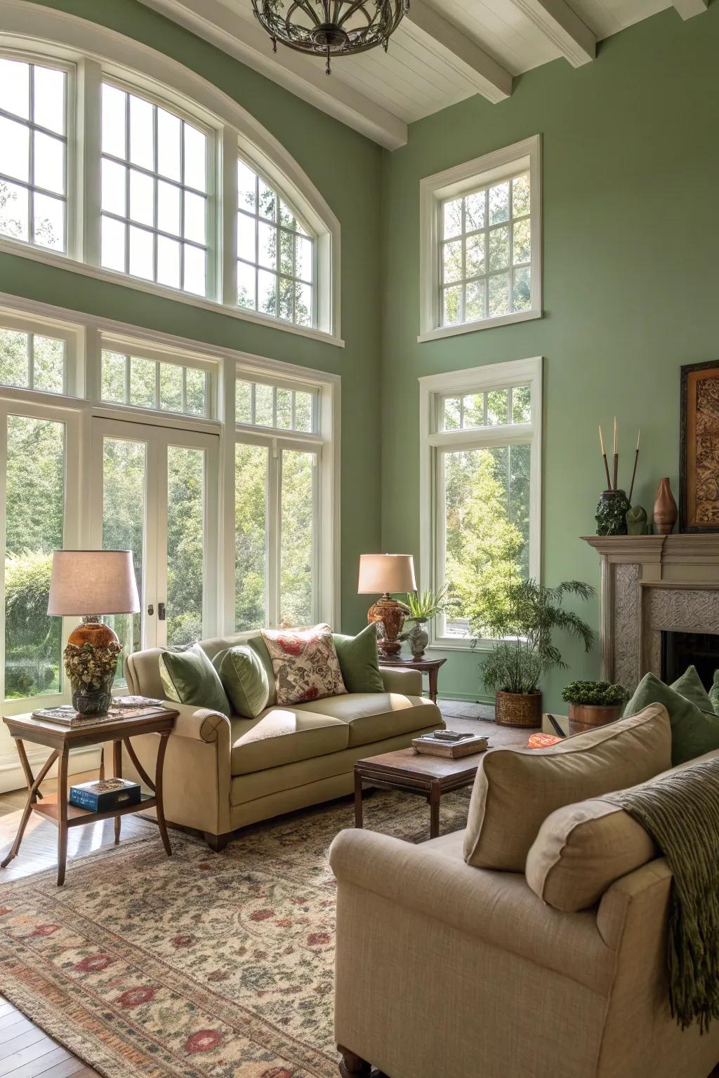 Walls in soft green, enhanced by sunlight, contribute to a soothing mood.