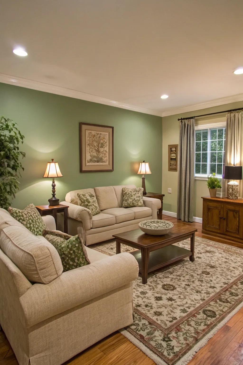 A living room enhanced by a sage green accent wall serving as the room's centerpiece.