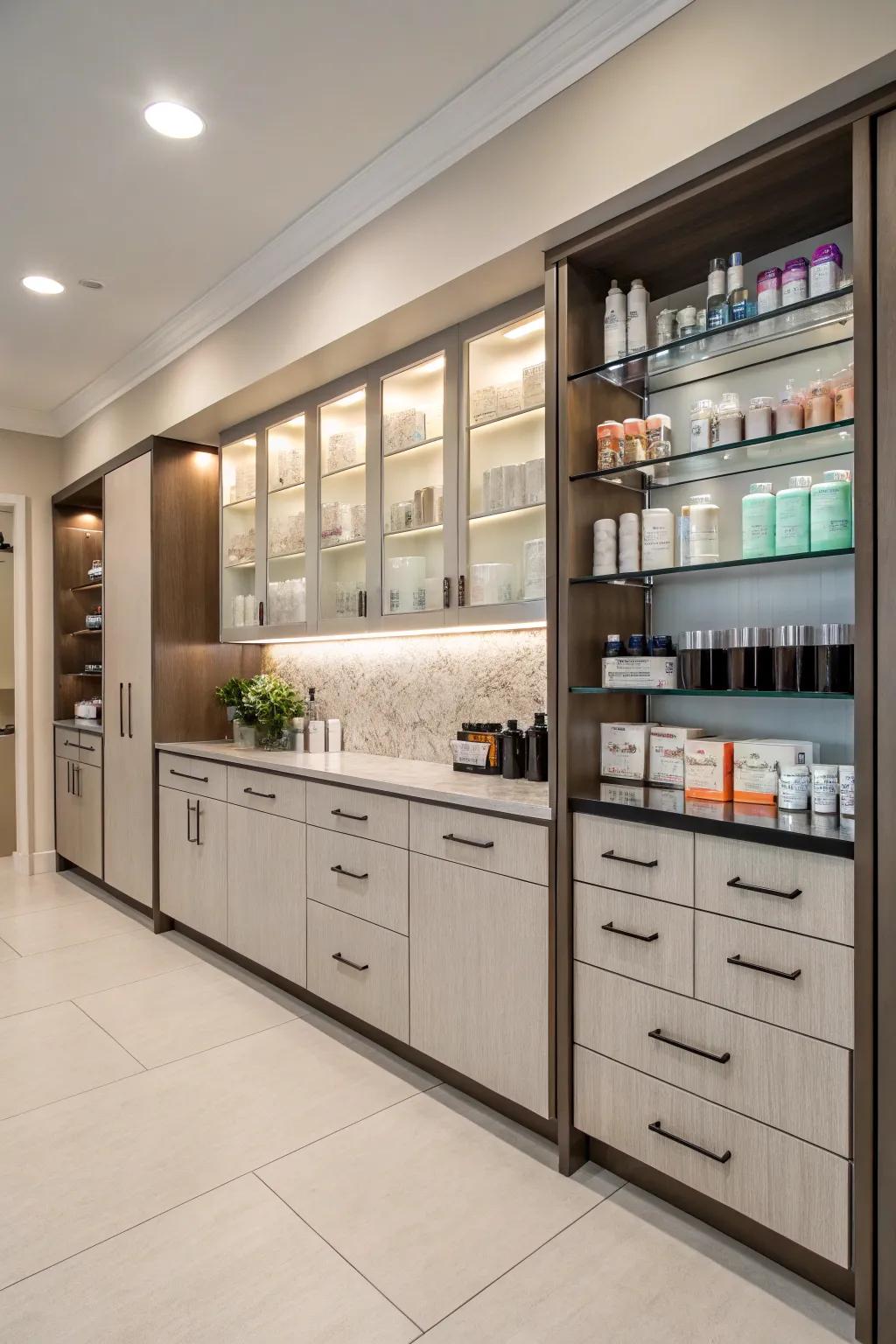 Efficient storage solutions ensure your salon break room remains orderly and functional.