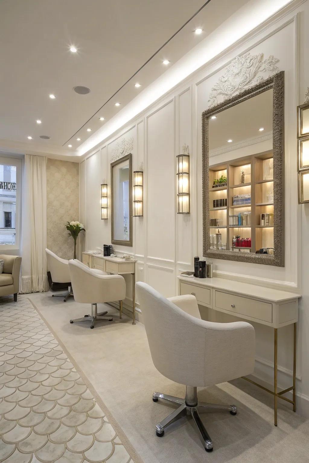 A minimalist salon design projecting elegance and spaciousness.