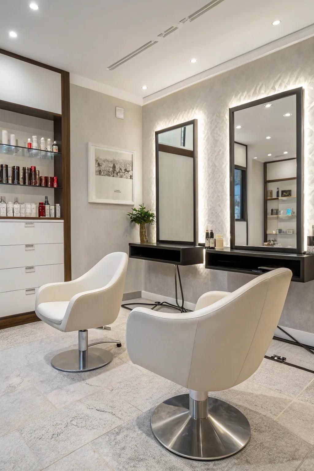A minimalist salon featuring sleek furniture and clean, crisp lines.
