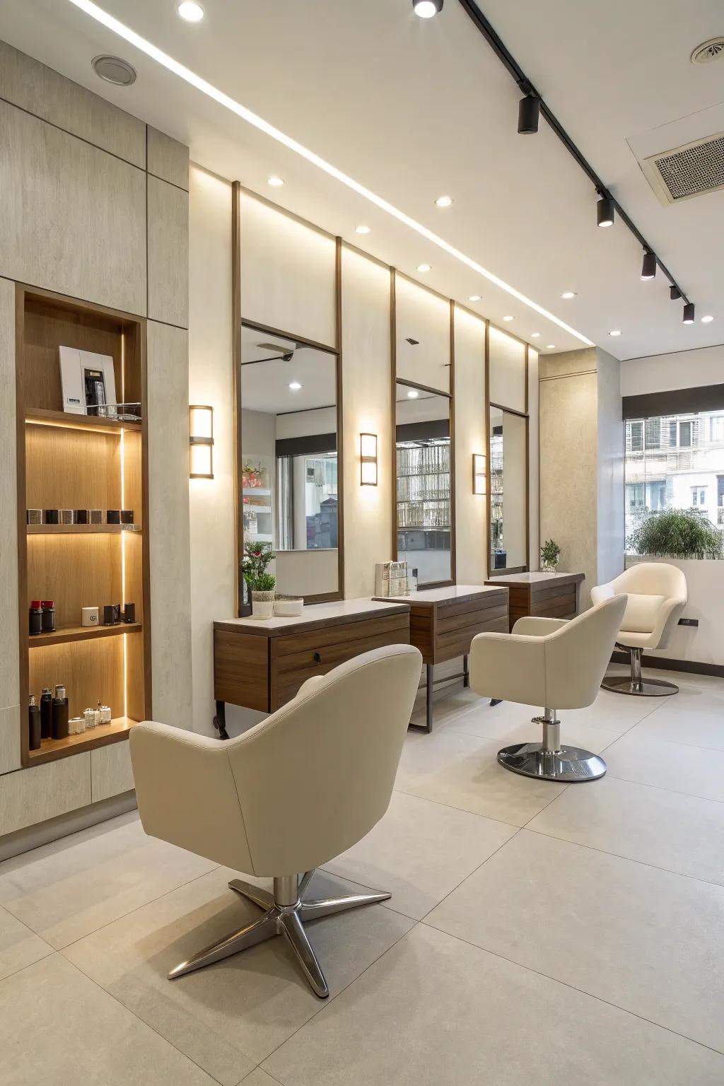 A minimalist salon reception area showcasing streamlined furnishings and a soothing simple color selection.