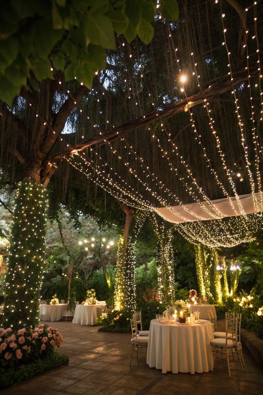 A garden beautifully illuminated by captivating fairy lights.