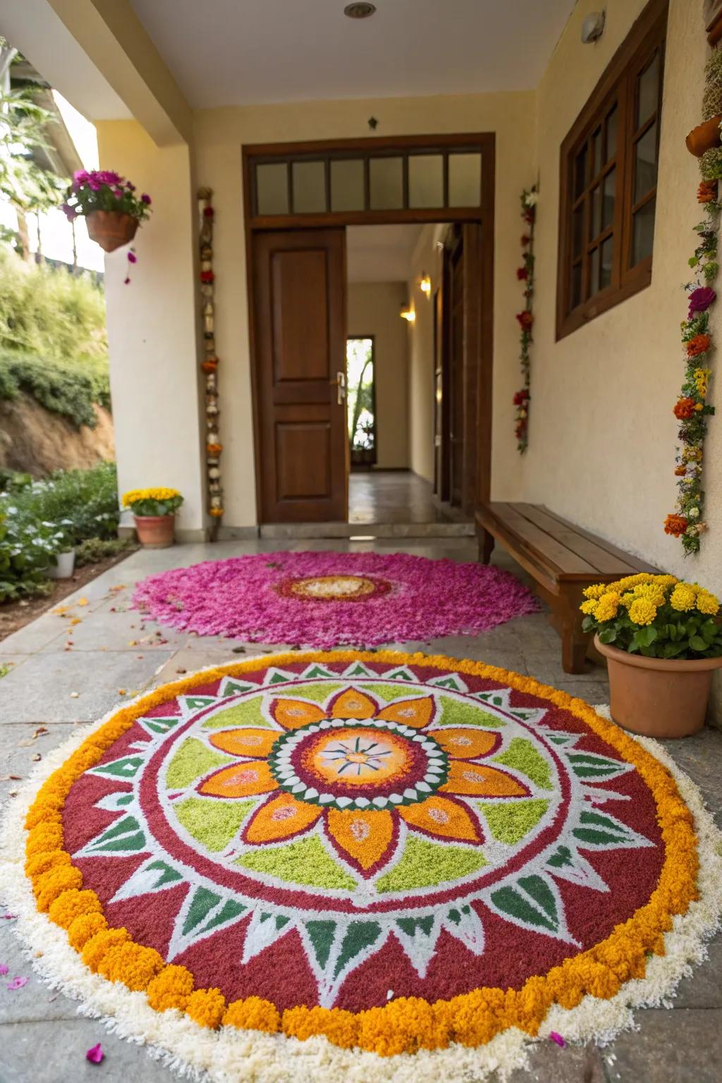 An elaborate rangoli design warmly greets visitors with its detailed artistry.