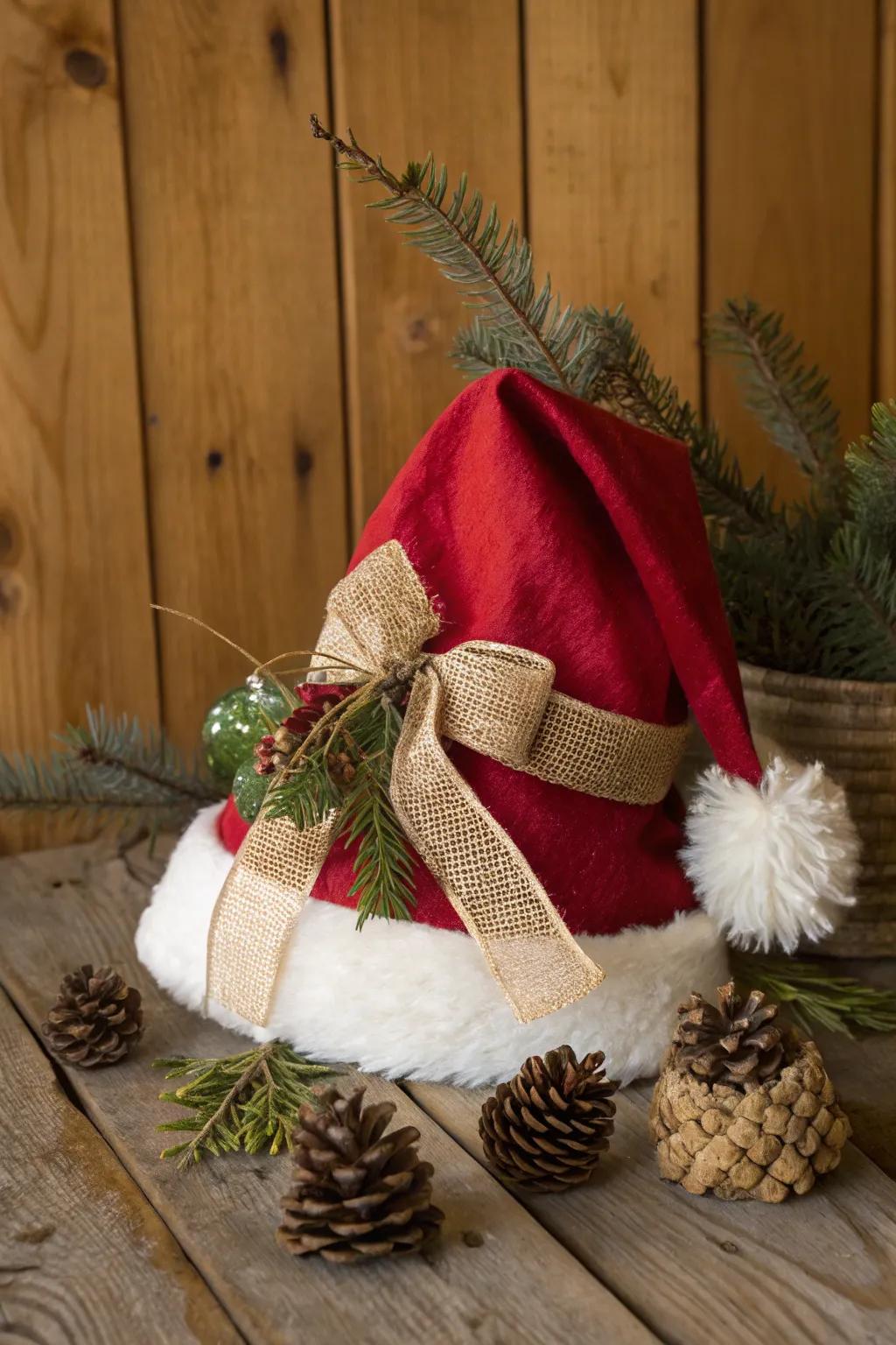 Embrace a rural allure by integrating burlap and natural elements onto your Santa hat.