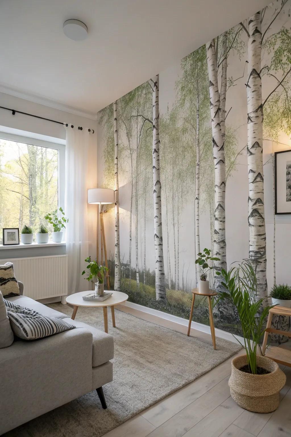 A Scandinavian living room enhanced by a nature-themed wall mural highlighting birch trees