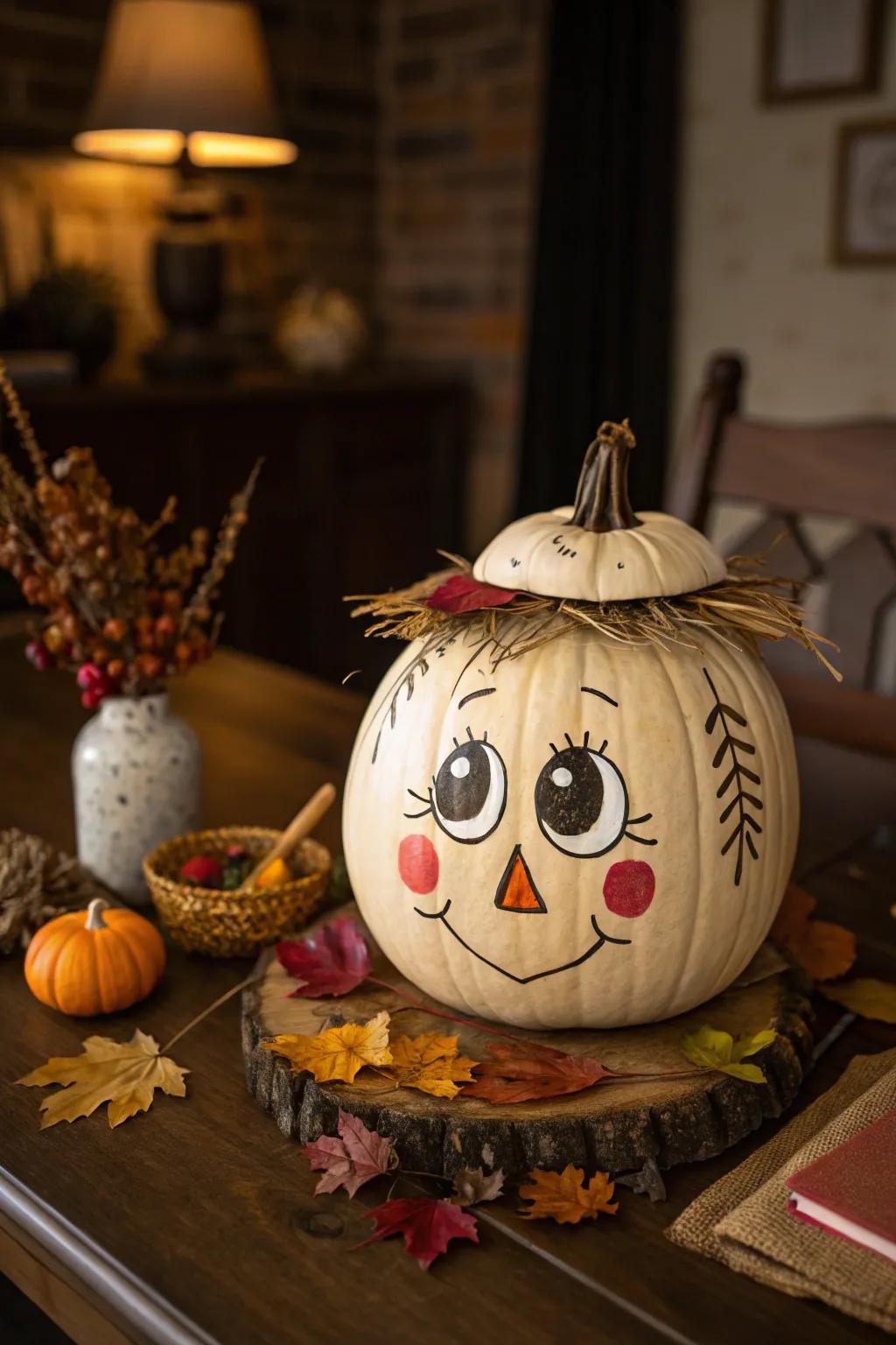 A classically designed scarecrow face on a pumpkin.