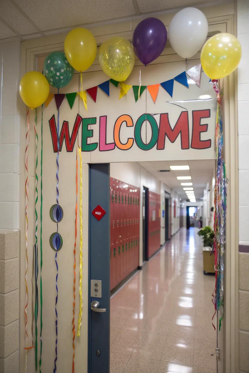 A vibrant school door adorned with a friendly greeting and celebratory accents.