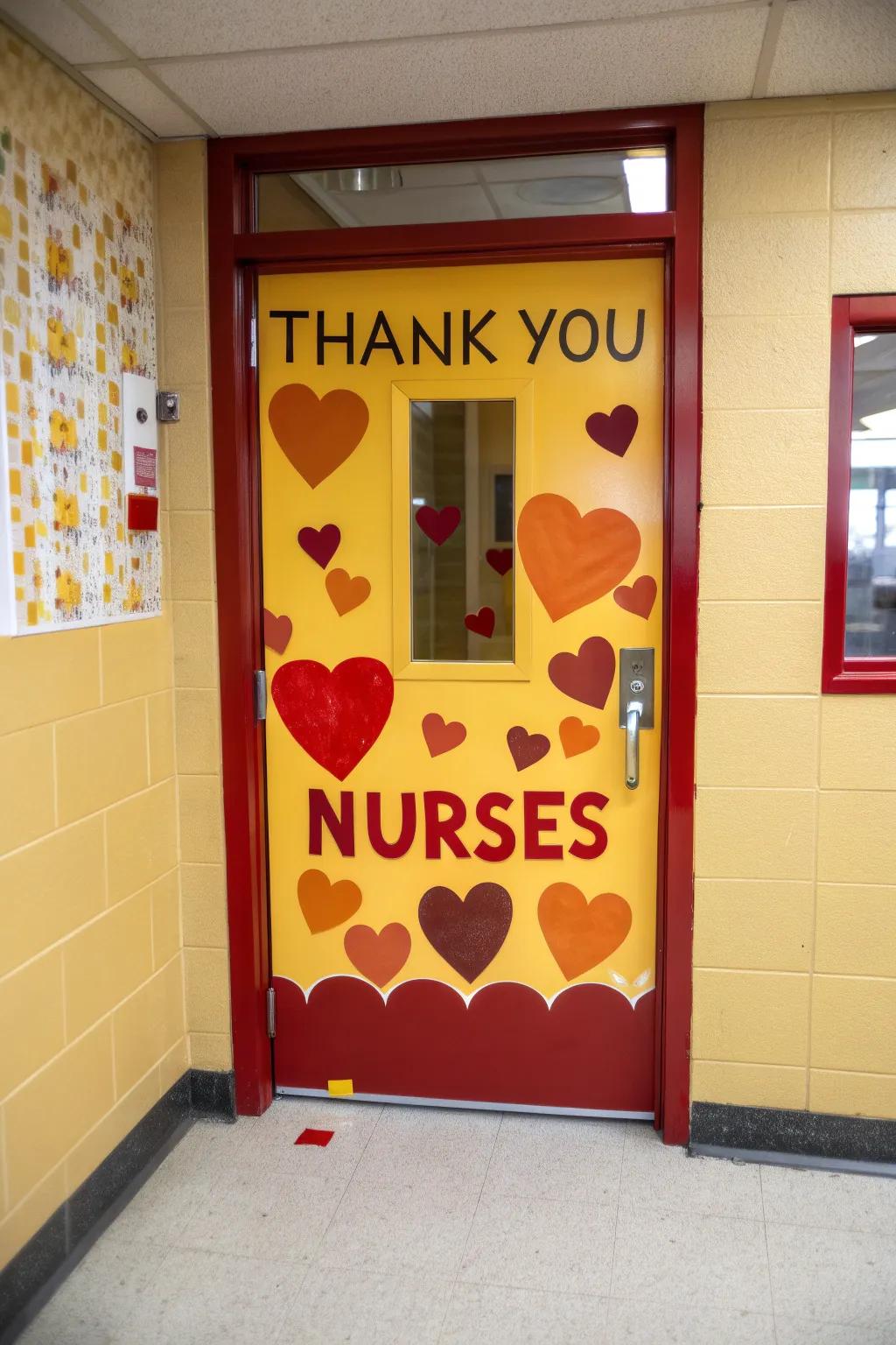 A school nurse's door beautifully adorned with hearts and a genuine 'Thank You Nurses' message.