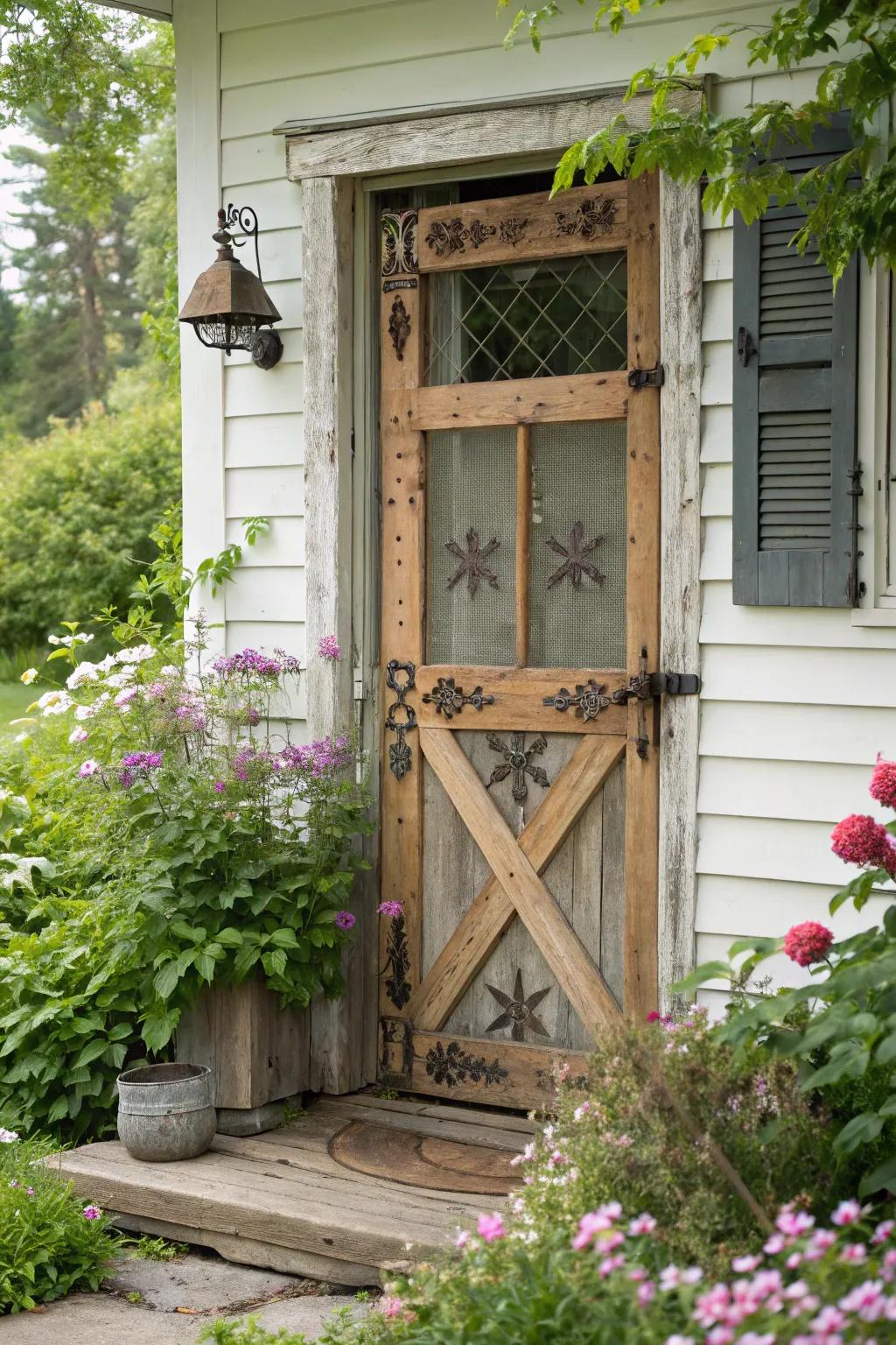 A wood screen door adds a lovely touch to this farmhouse-style home.
