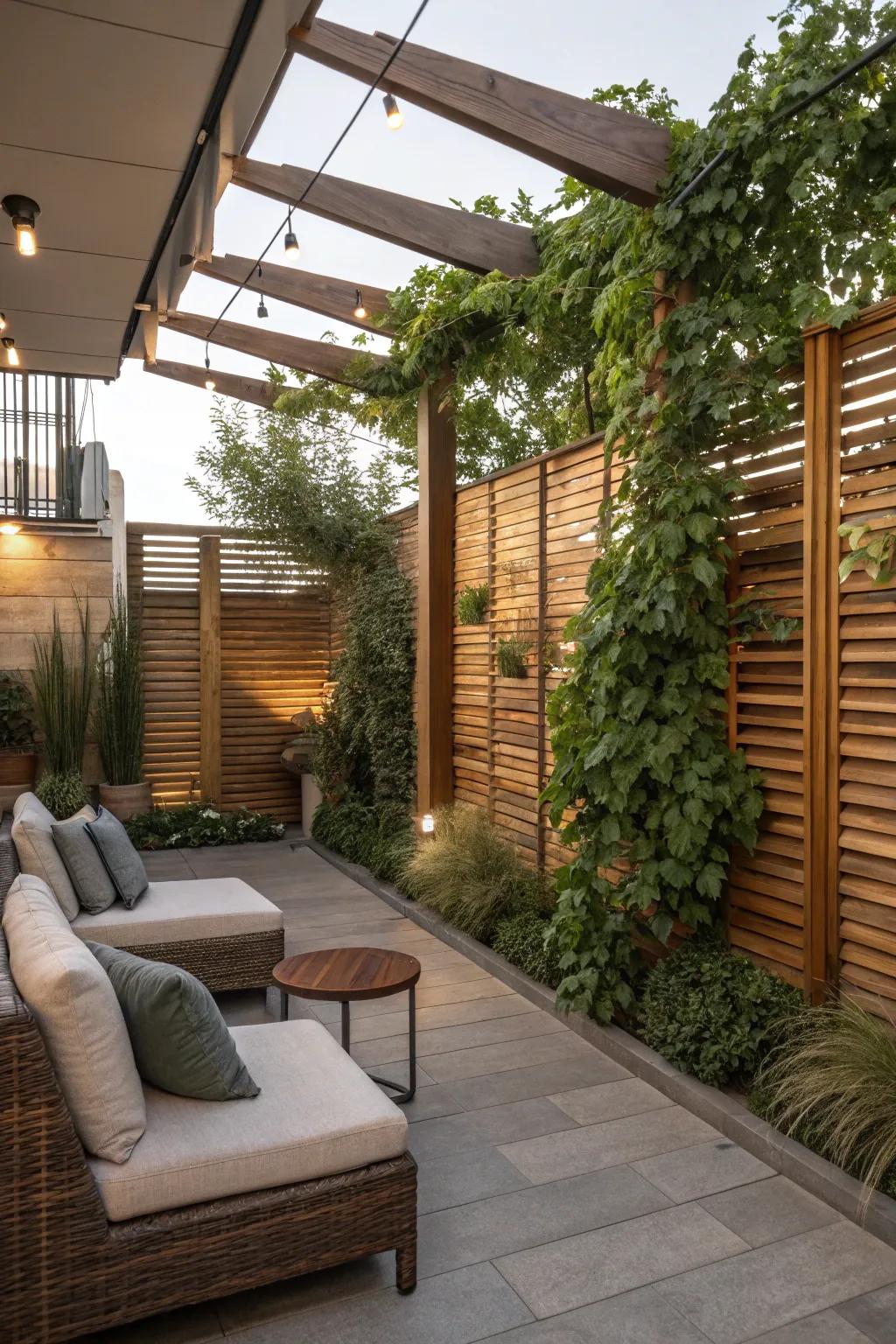 A comfortable patio featuring a wood partition, ideal for both privacy and relaxation.
