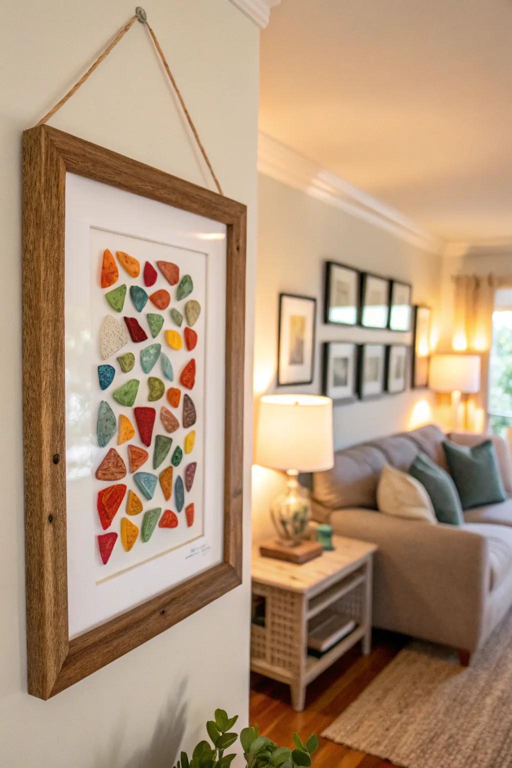 Framed sea glass art enlivens any space with color and texture.