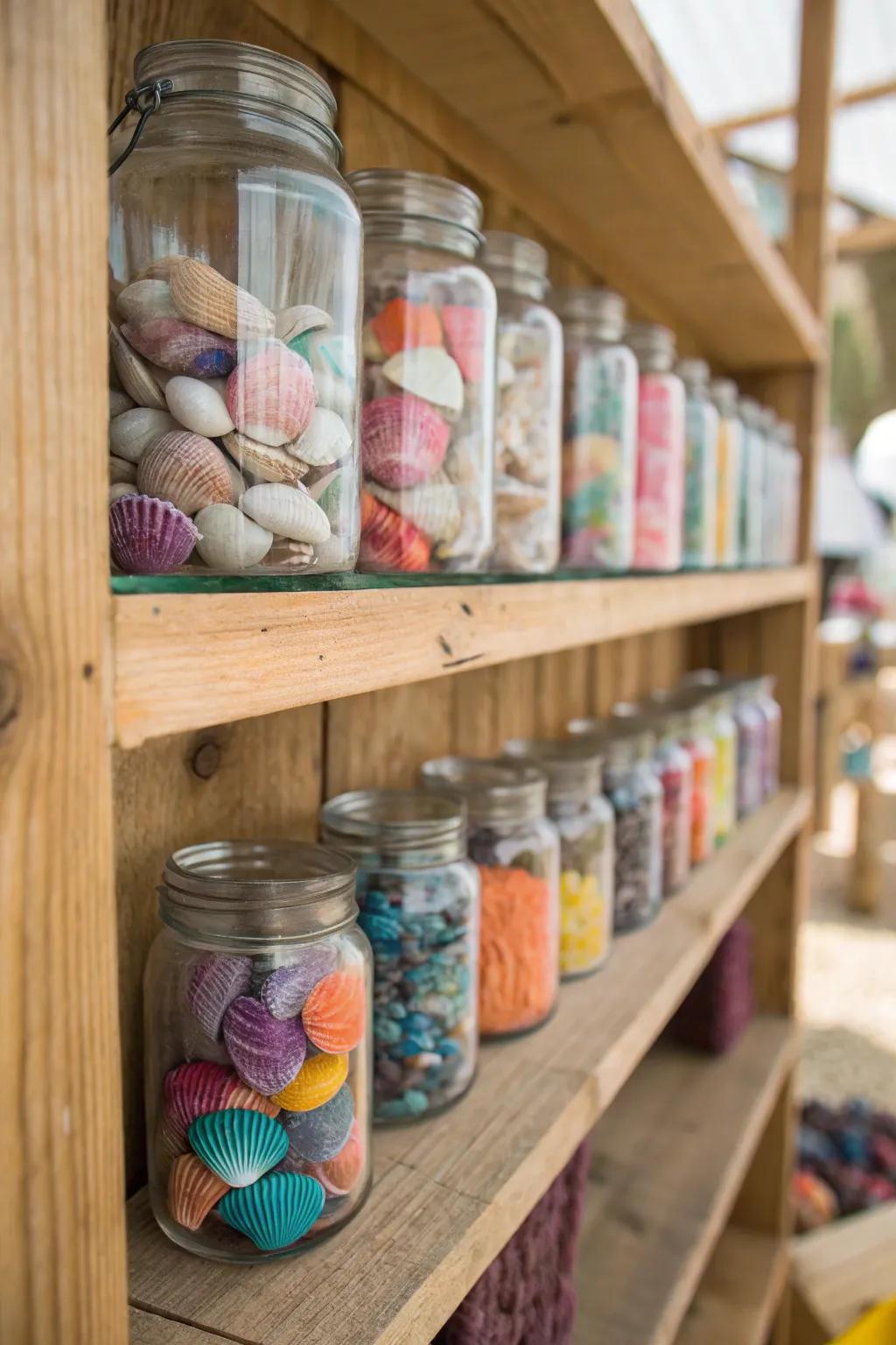 Glass containers brimming with seashells establish a dynamic and captivating arrangement.