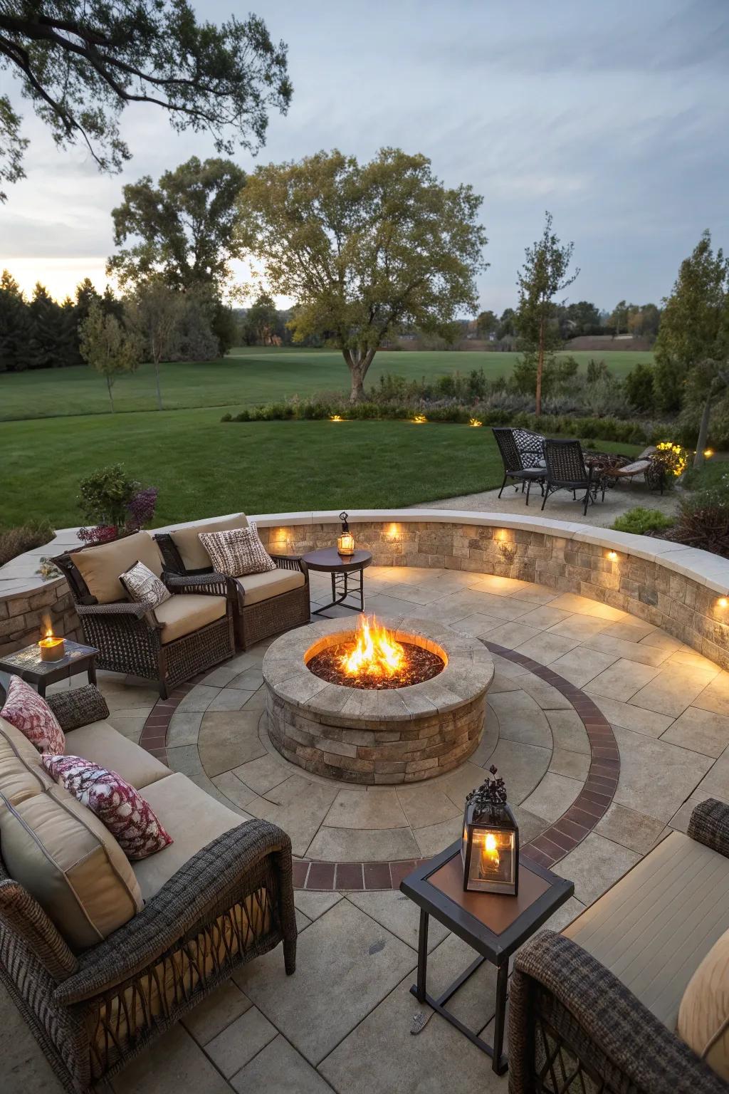 A semi-circle patio with a central blaze bowl provides an appealing gathering space.