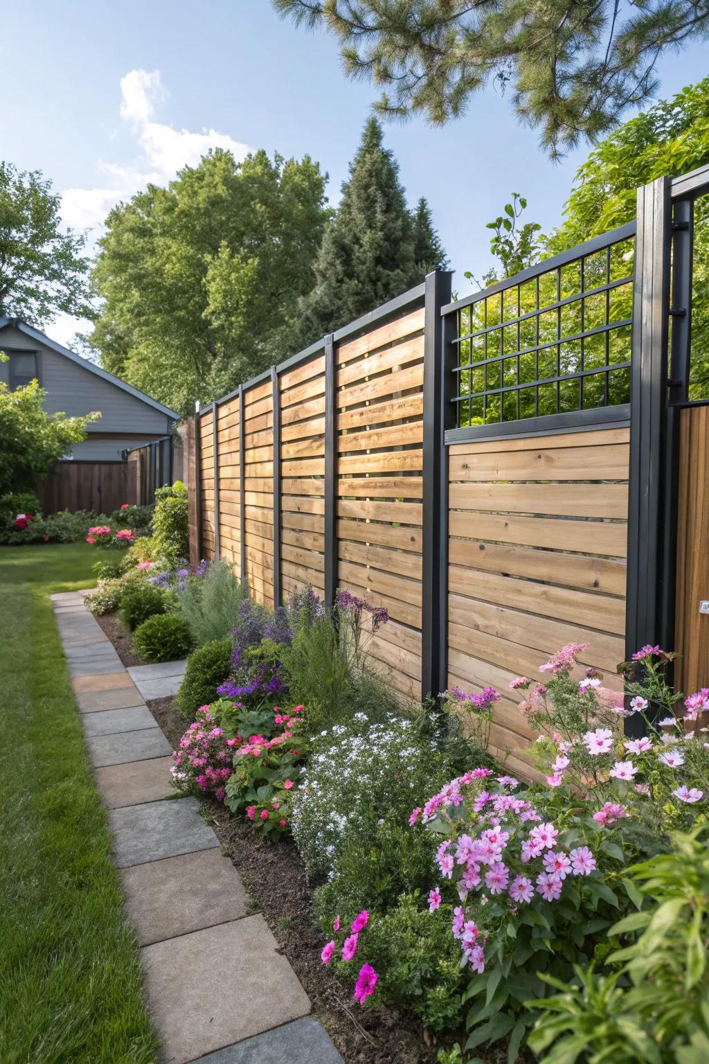A chic combination of wood and metal creates a modern, partially-private fence in an inviting garden.