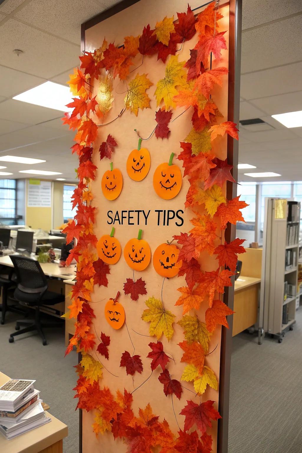 An office announcement board displaying autumn-themed safety tips using gourd cutouts.