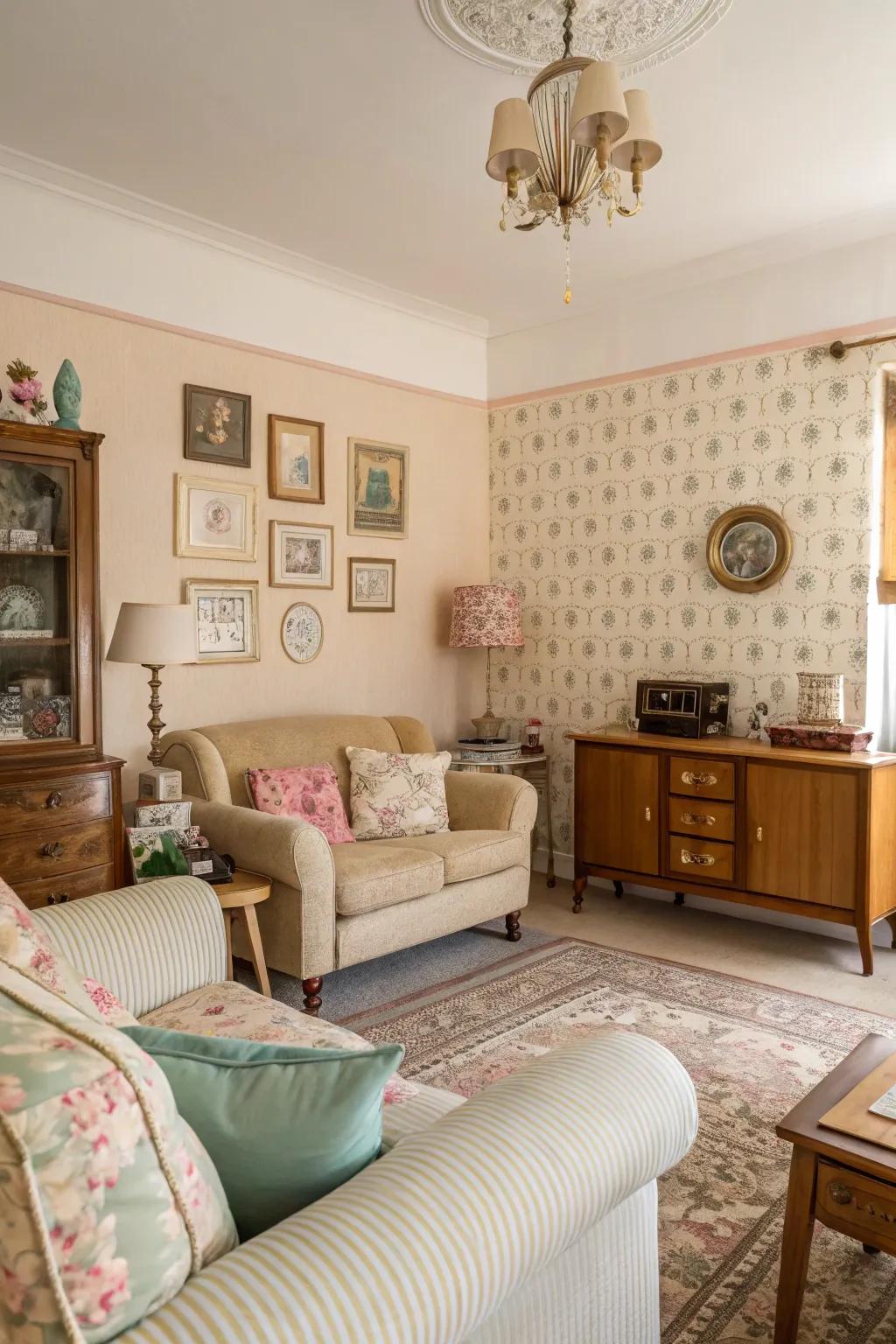 A living room is filled with subdued pastels and soft off-whites, creating a peaceful setting.