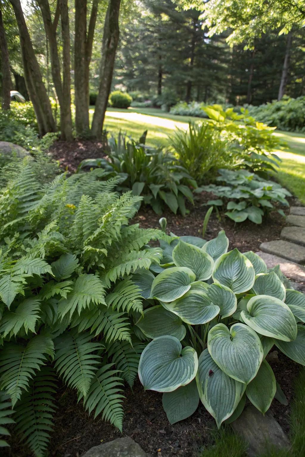 Lush foliage of hostas and ferns in a shaded garden bed.