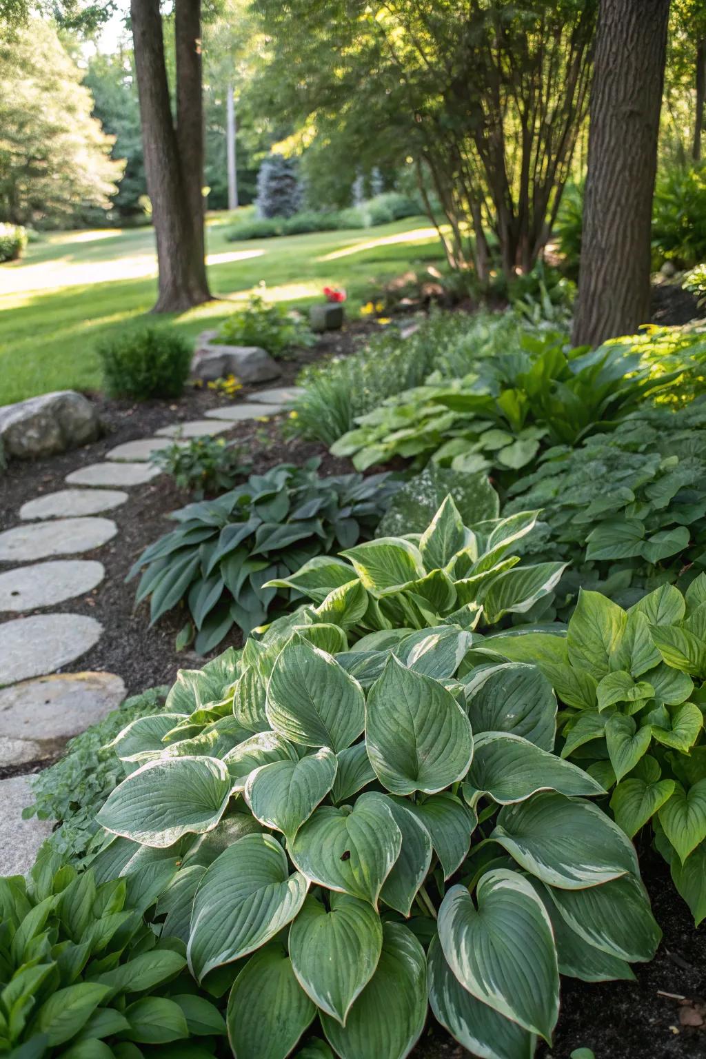 Hostas looking lush in a shaded garden space.