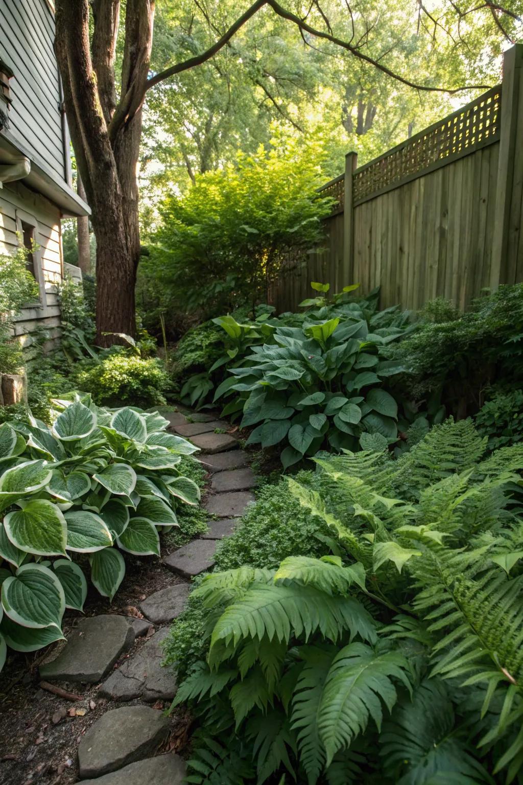 Hostas and ferns craft a lively green oasis in the shade.