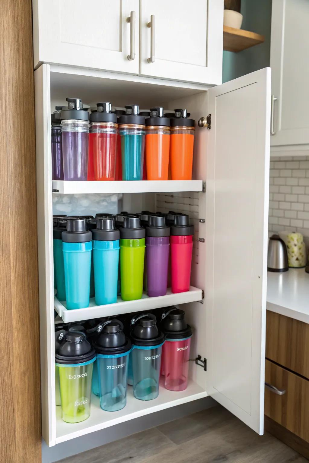 Neatly arranged protein mixers inside a kitchen cabinet with customizable shelves.