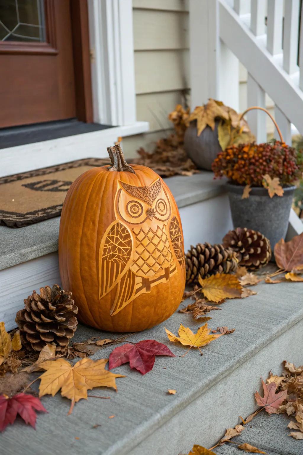 A charming owl design on a pumpkin, bringing a natural touch to your decorations.