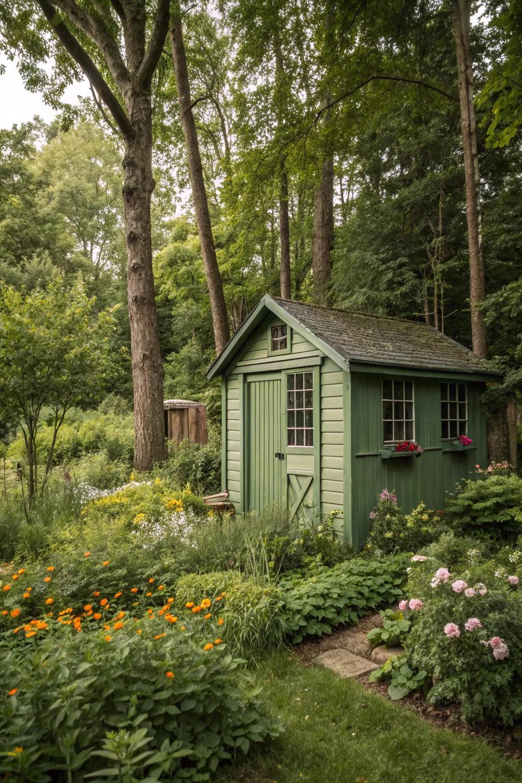Earthy greens help your shed merge effortlessly with its natural environment.