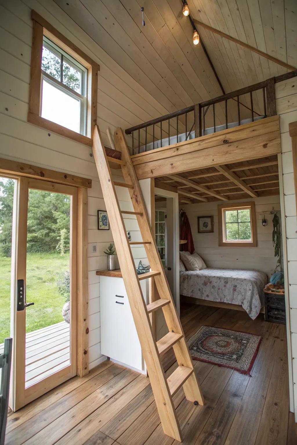 A shed home featuring a lofted bedroom that's accessed via a ladder, which makes the most of the vertical space.