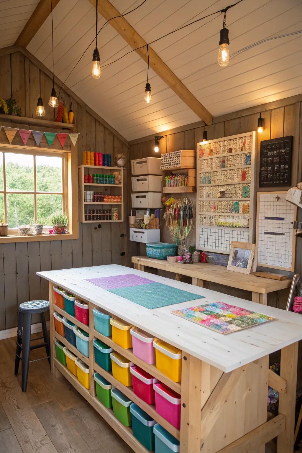 A creative workshop shed with tidy supplies and a wide-open station for various projects.