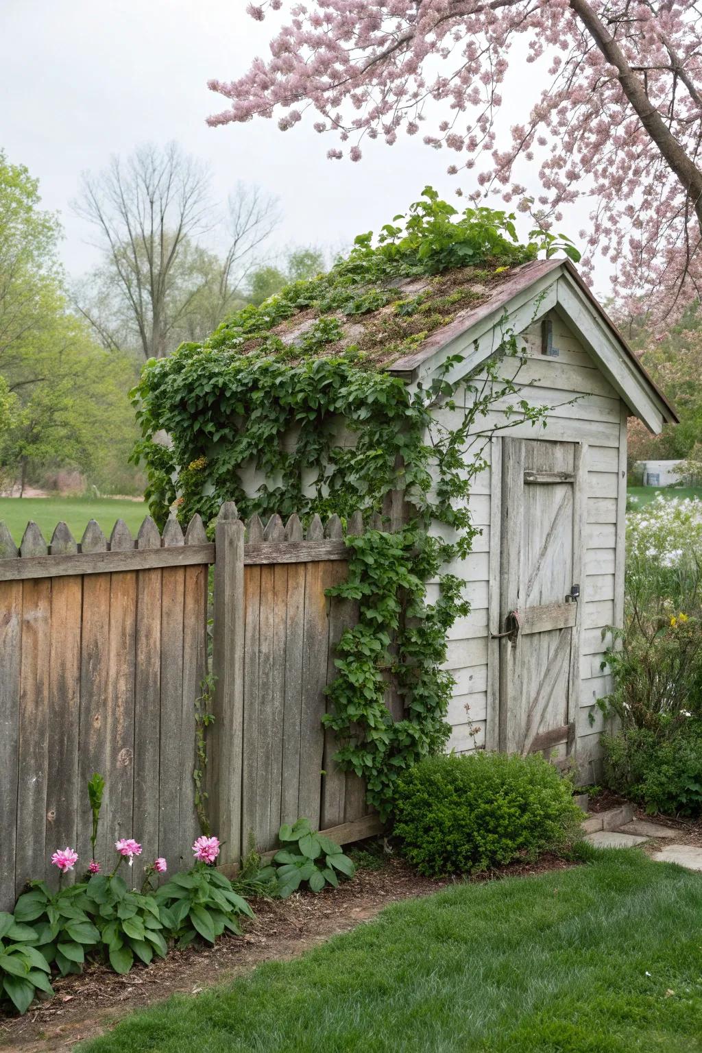 An outbuilding integrates effortlessly, nestled by a rustic timber boundary.