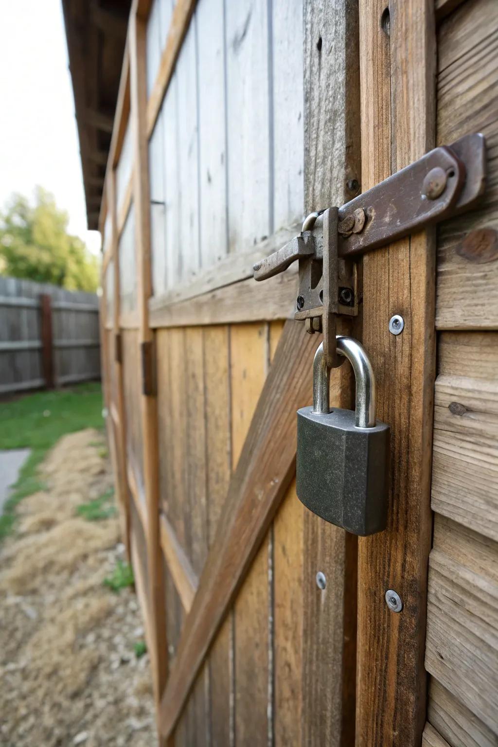 A sturdy lock secures a wooden shed entrance, underscoring safety.