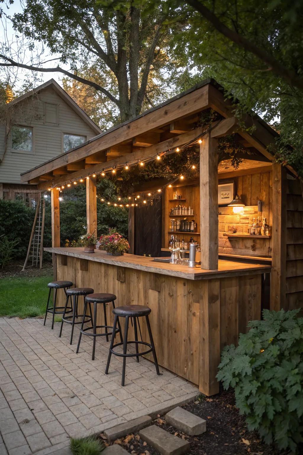 A rustic timber bar that blends flawlessly with nature.