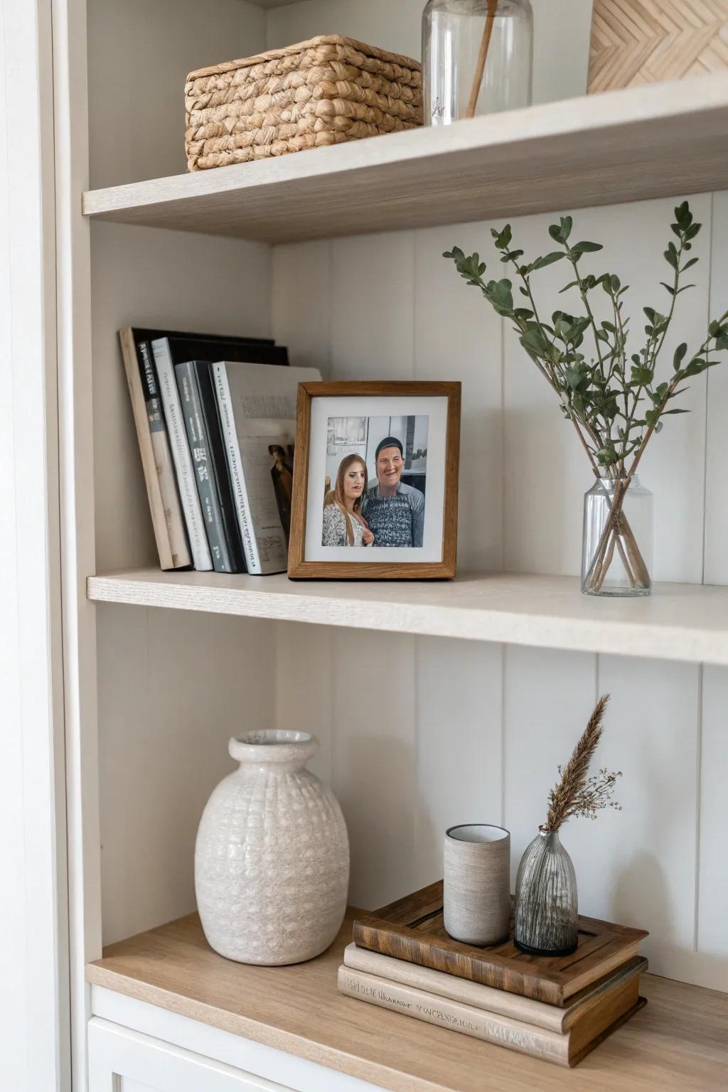 A minimalist shelf showcasing select decor pieces in subdued shades.