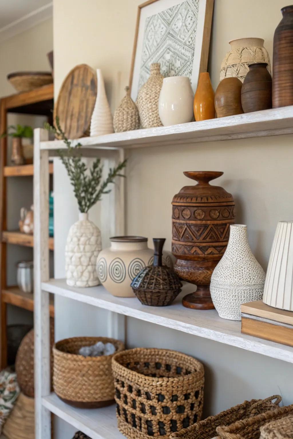 A home shelf showcasing a mix of ceramic vases and wooden sculptures for a textured appeal.