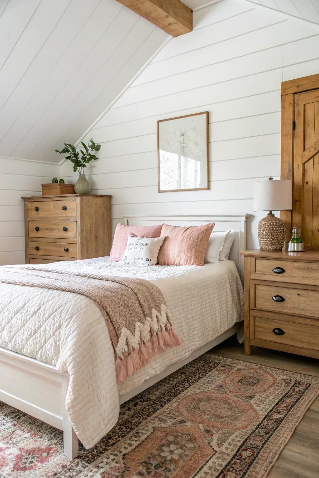 A serene bedroom escape created by a classic white shiplap accent wall.