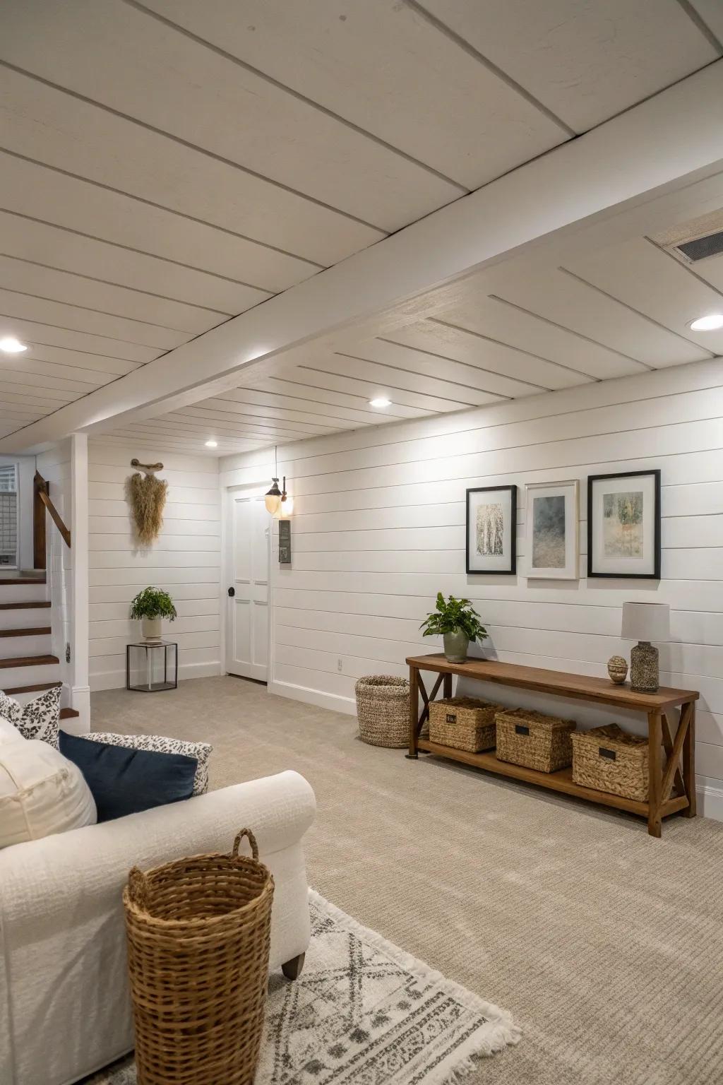 A basement featuring iconic white shiplap walls and simple d&eacute;cor.