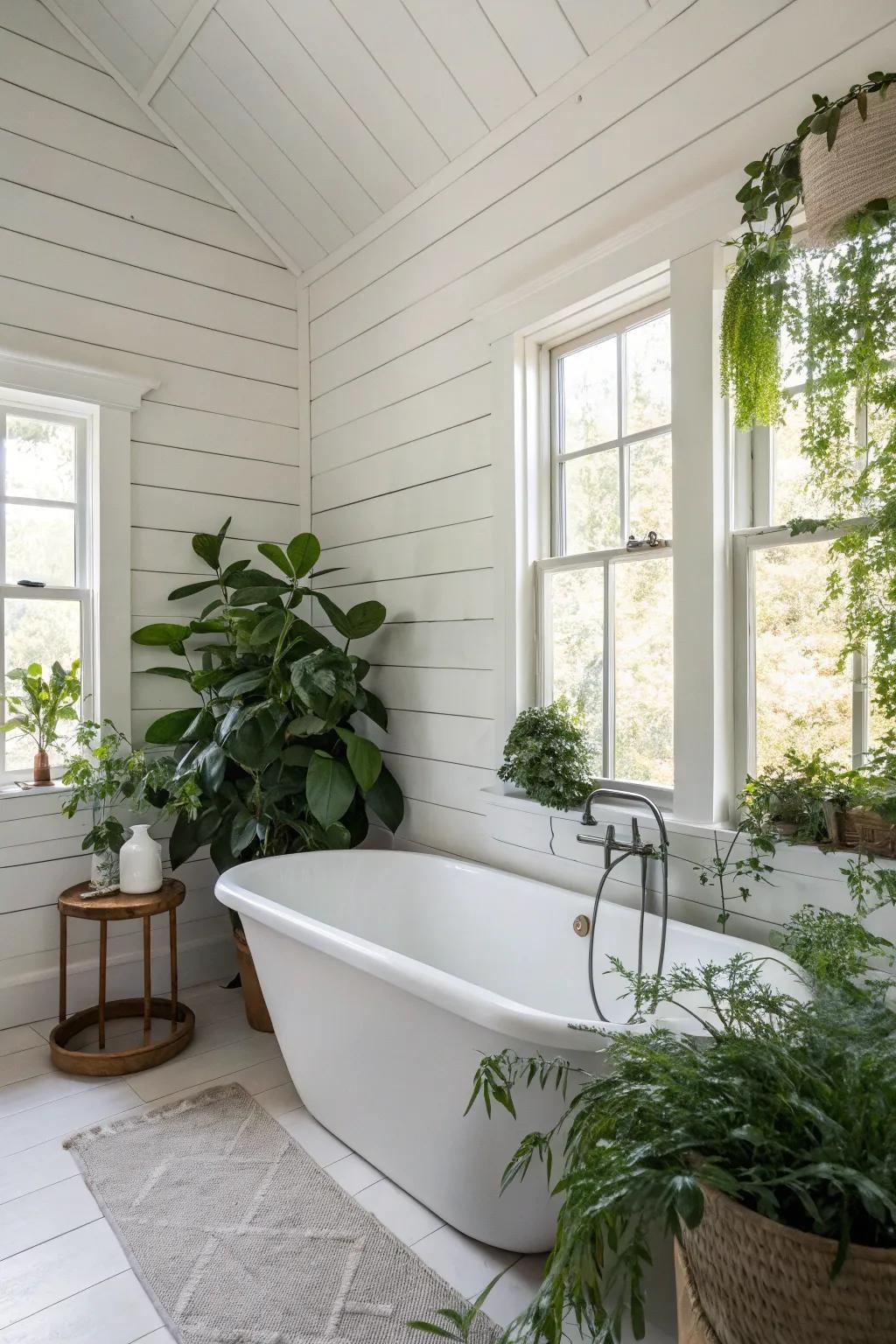 A bathroom showcasing white wall plank walls paired with a standalone tub.