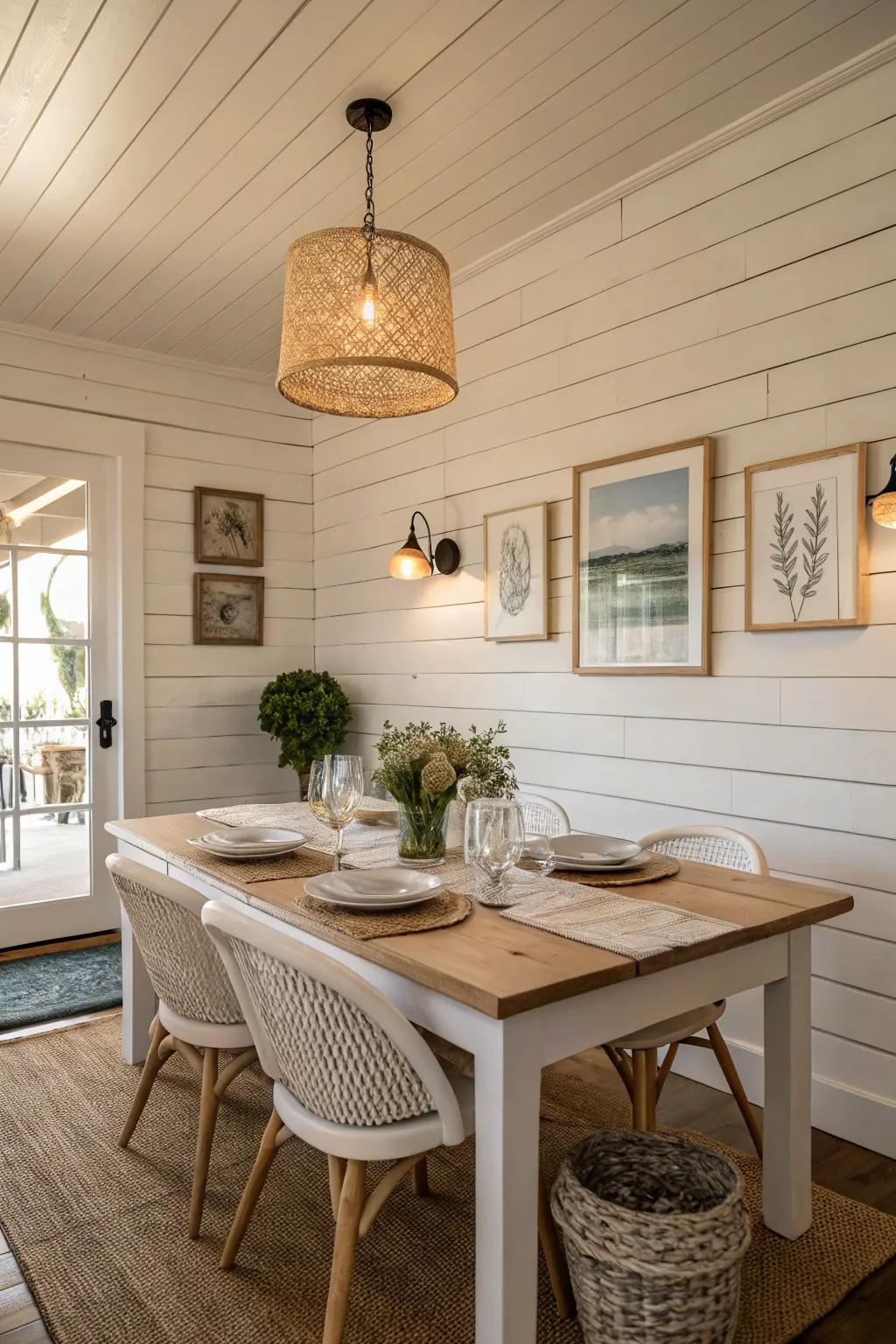 A dining area showcasing classic white shiplap walls and minimalist decorations.